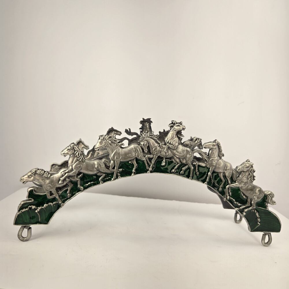 Wild Horses, Vintage Arched Pewter and Green Enamel "WF" Votive Candle Holder
